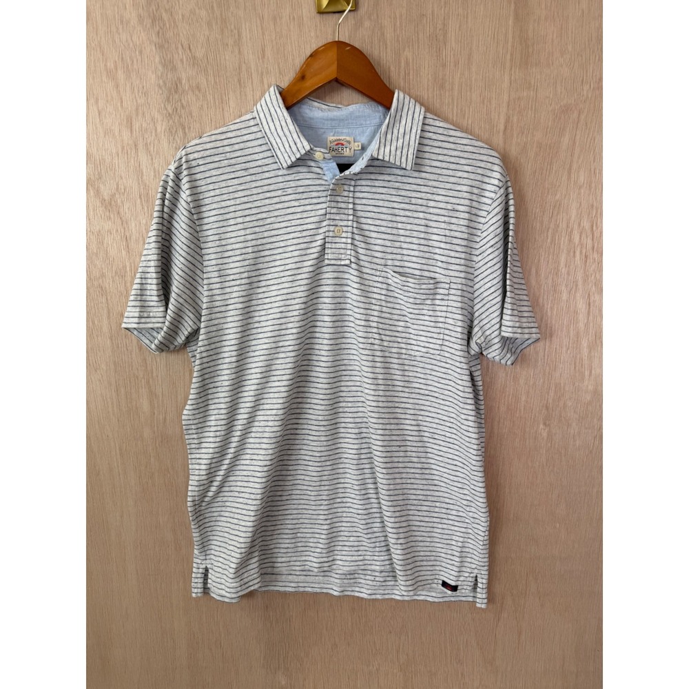 Faherty Mens Large Striped Short Sleeve Polo Shirt Grey Navy Blue Pocket